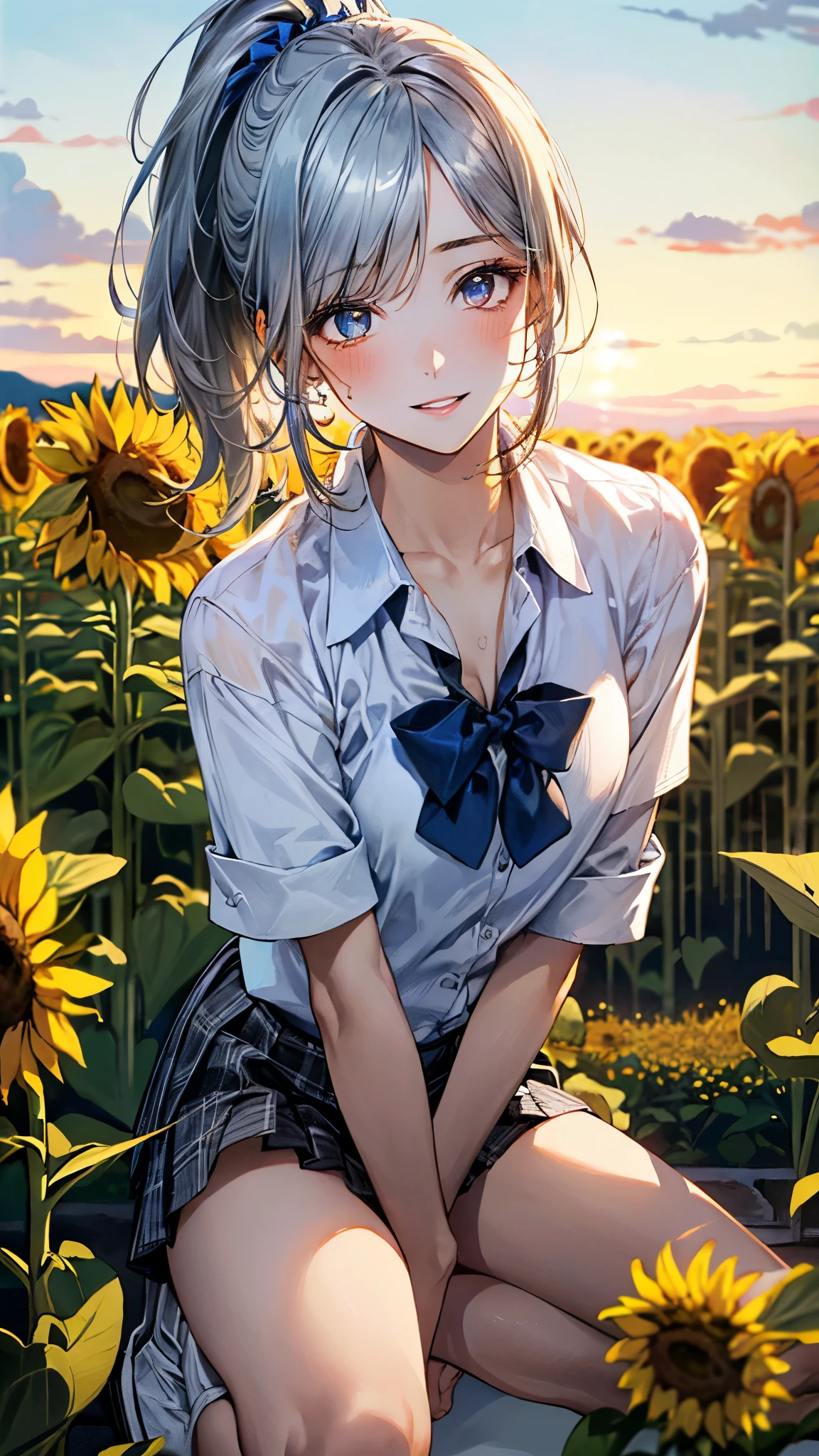 (masterpiece:1.3, top-quality, ultra high res, ultra detailed), (realistic, photorealistic:1.4), beautiful illustration, perfect lighting, natural lighting, colorful, depth of fields, ,
beautiful detailed hair, beautiful detailed face, beautiful detailed eyes, beautiful clavicle, beautiful body, beautiful chest, beautiful thigh, beautiful legs, beautiful fingers, shiny skin,
looking at viewer, 1 girl, high school girl, (perfect anatomy, anatomically correct, super detailed skin), cute and symmetrical face, babyface, perfect face, perfect eyes, ,
(middle hair, ponytail, sideburns, silver hair), crossed bangs, blue eyes, slant eyes, big eyes, long eye lasher, (medium breasts, seductive thighs), slender, skin dendation,
detailed cloth texture, light blue collared shirt, blue bow tie, grey plaid pleated skirt:1.2, black hair chouchou,
(beautiful scenery), summer, evening, (grassland:1.2, sunflower), kneeling, (lovely smile, upper eyes, parted lips),