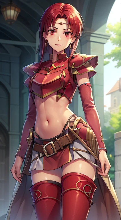 masterpiece, Highest quality,masterpiece, Highest quality, Lady, Circlet, Earrings, armor, Elbow hand pockets,Thigh-high boots, Highest quality, smile, Are standing, Lance, abdomen, abdomen, Long and thin navel,Thighs