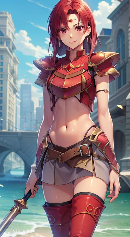 masterpiece, Highest quality,masterpiece, Highest quality, Lady, Circlet, Earrings, armor, Elbow hand pockets,Thigh-high boots, Highest quality, smile, Are standing, Lance, abdomen, abdomen, Long and thin navel,Thighs