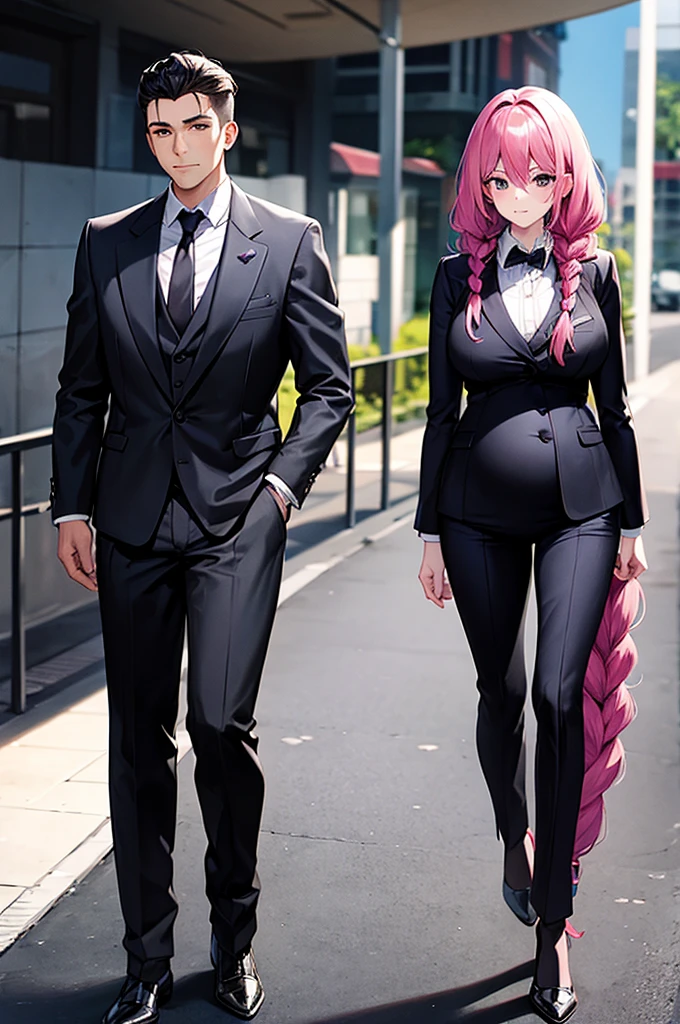 man with big pink hair with braids and wearing a suit with a woman, Brunetette, pregnant and with black hair