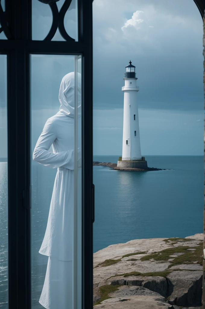 Ghostly man in lighthouse looking out to sea