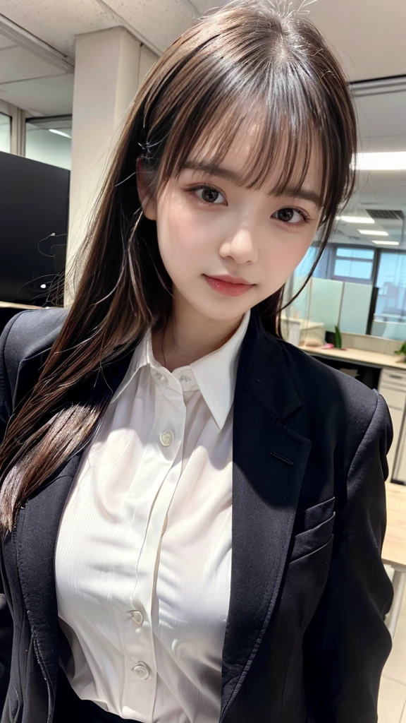 ((top-quality、8K、masterpiece:1.3))、1girl in、Beautiful woman Standing in the house:1.3、long-haired、Colossal tits、(Office Lady, ,Suit, Black Suit,Black jacket, white shirt:1.5)、Super delicate face、Delicat eyes、double eyelid、Close-up of upper body from below