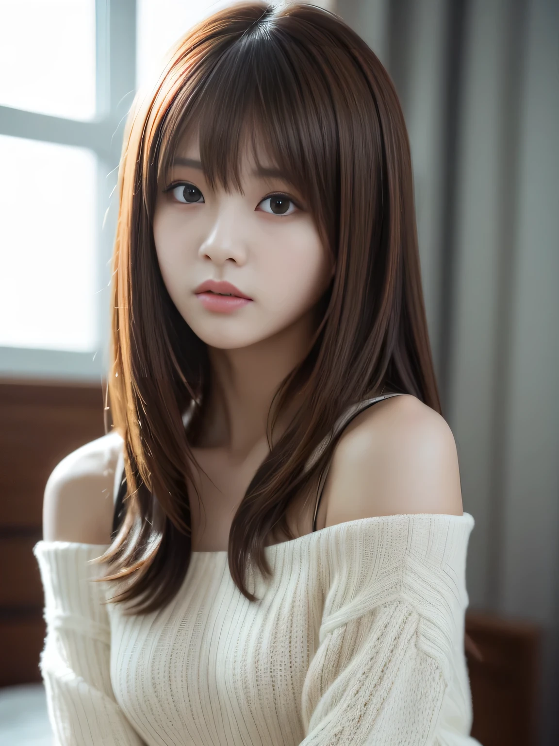 Ultra High Definition, Superior Quality, Premier Quality, ultra detailed, Photorealistic, 8k, RAW Photos, highest quality, masterpiece, Attractive girl, Stunning girl, Brown Hair, Shoulder Length Layered, asymmetrical bangs, K-pop Idol, Sophisticated, Stylish, white knit, (Underexpose Lighting, Moody Lighting), bed room,