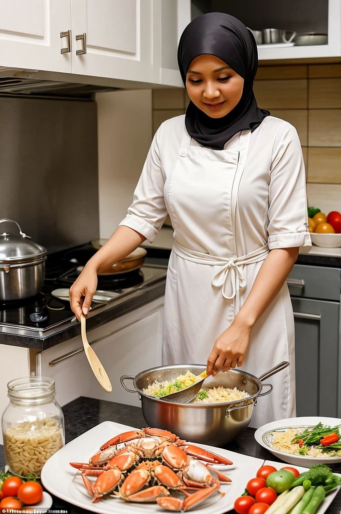 A lovely Malaysian woman (age 40, hijab, nice airy dress) is busily preparing dinner in her kitchen. She is cooking crab, rice, and vegetables