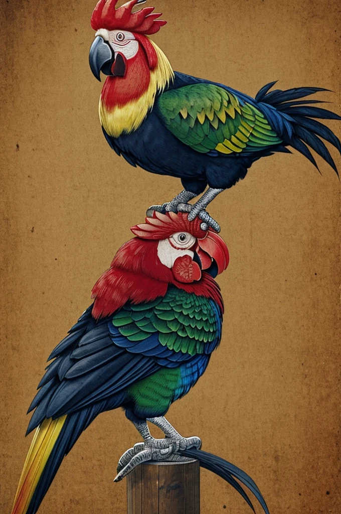 Parrot with a gorin bros rooster cap with an a-k47 on one wing and on the other wing with a rooster beer