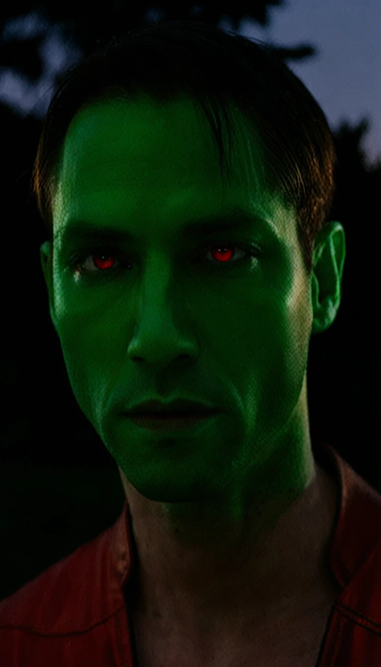 (((A 40-year-old man on the barbecue in your backyard))), (((wearing a red blouse))), (((((alien green skin color))))), (((full dark sclera eyes))), thin chin, (((white hair))) with a high quiff and back with gel and short sides, thin nose