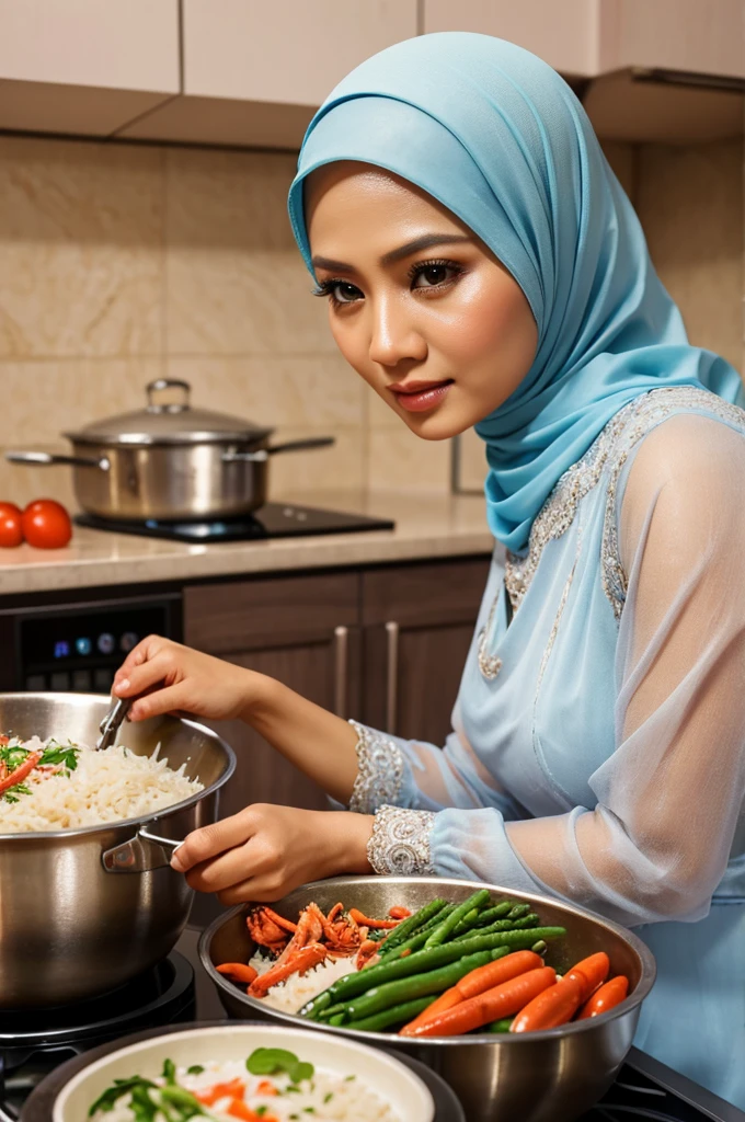 a lovely malaysian woman, 40 years old, wearing hijab, beautiful detailed eyes, beautiful detailed lips, extremely detailed eyes and face, long eyelashes, airy dress, cooking in kitchen, preparing dinner, cooking crab, rice, vegetables, masterpiece, hyper realistic, 8k, photorealistic, cinematic lighting, warm colors, vibrant colors