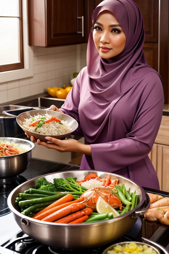 a lovely malaysian woman, 40 years old, wearing hijab, beautiful detailed eyes, beautiful detailed lips, extremely detailed eyes and face, long eyelashes, airy dress, cooking in kitchen, preparing dinner, cooking crab, rice, vegetables, masterpiece, hyper realistic, 8k, photorealistic, cinematic lighting, warm colors, vibrant colors
