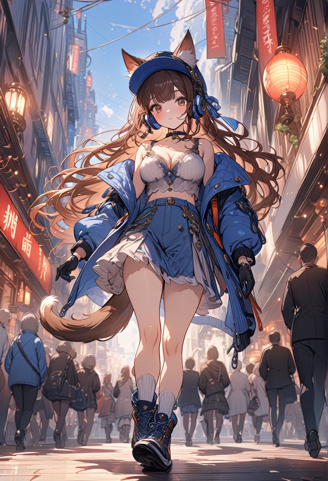 ((masterpiece:0), best quality, very aesthetic, newest, absurdres, detailed, high quality)
BREAK
highest quality, top quality, details, highres, ultra fine painting, digital art, official art, cinematic, 4k, 8k resolution, 8K CG wallpaper, CG, original artwork, detailed background, colorful background, blue atmosphere, High Dynamic Range, blurry background, blue hour, Starburst effects, crepuscular rays, good ISO, high resolution, wide shot, from far away, RAW photo, POV, sharp focus, light reflection, reflections, intricate details, soft light, particle noise, professional photography, bokeh, depth of field, natural lighting, vibrant colors, looking away, detailed lights and shadows, stylish, ultra-detailed, top rated on Pixiv, trending on Artstation, niji style, modern-days, master crafted, pose
BREAK
solo, 1girl, a girl, correct fingers, detailed hair, (medium big breasts:1.2), big thighs, short torso, short body, flushtered, blush, anxious expression, casual, slim, ((cute, childlike face):1.3), nice hips, nice body, brown hair, (long flowing hair:1.1), big 2 buns hairstyle, long bangs, long hair, middle hair bangs, brown eyes
BREAK
((colorful outfit), off shoulder crop top, short skirt, headphone, jacket, casual cap, belts, straps, choker, gloves, boots, stockings, garterbelt, accessories, outfit ornaments, sneakers, kemonomimi, mask, mask, mask, mask, 1 tail, correct tail, (full body:1.3))
BREAK
a close up of a person walking down a street with a crowd of people, crowded street, crowded streets, in front of a large crowd, giant crowd, girl walking through city, people walking down a street