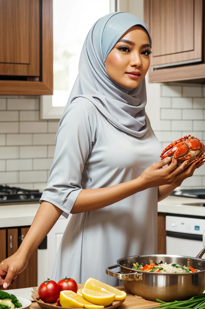 a beautiful malaysian woman, 40 years old, wearing a hijab, wearing a nice airy dress, cooking in kitchen, preparing dinner, cooking crab, rice, and vegetables, detailed face, detailed eyes, detailed lips, long eyelashes, realistic, photorealistic, high quality, 8k, masterpiece, ultra detailed, vivid colors, warm lighting, cinematic, natural setting