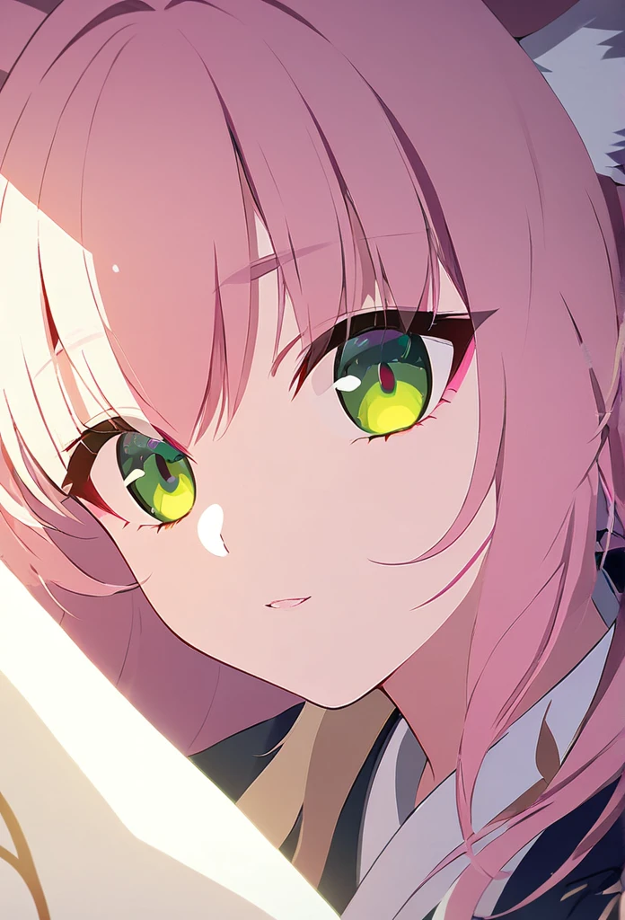 detailed eyes, beautiful extremely detailed eyes and face, a Little kitsune, pink hair, green eyes,