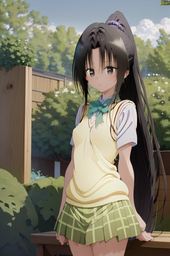(masterpiece, best quality), 1girl, 1girl, solo, long hair, black hair, ponytail, parted bangs, brown eyes, , green bowtie, white shirt, short sleeves, sweater vest, yellow vest, plaid skirt, green skirt