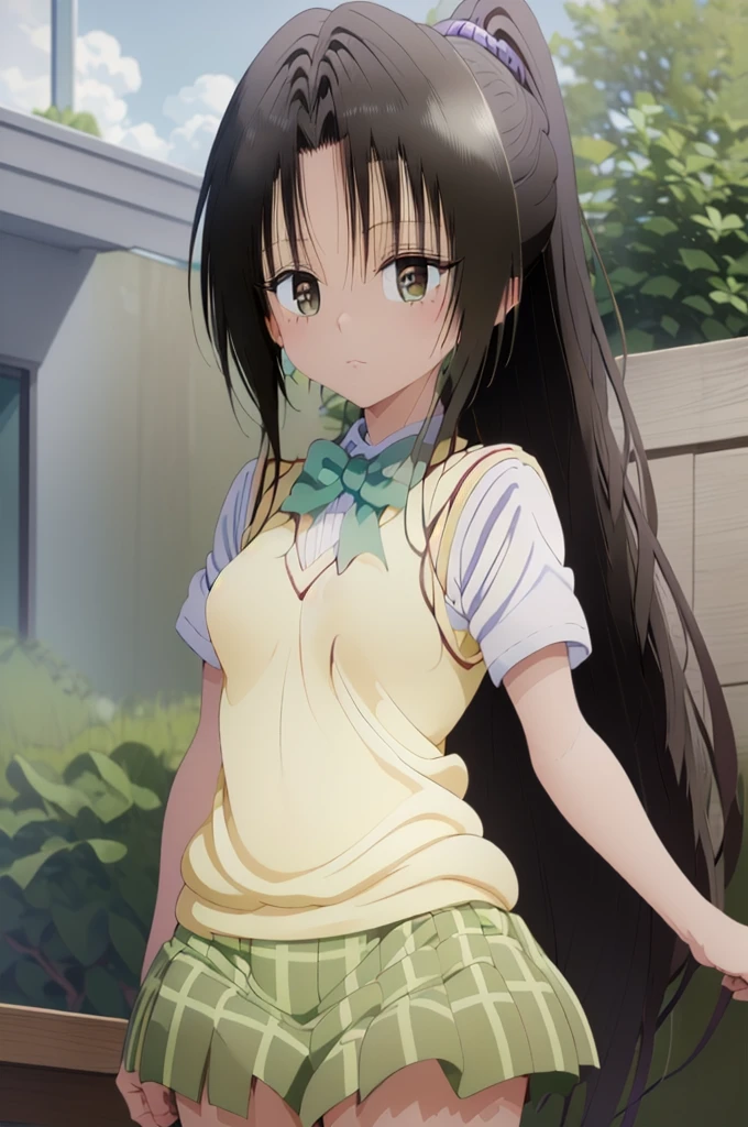 (masterpiece, best quality), 1girl, 1girl, solo, long hair, black hair, ponytail, parted bangs, brown eyes, , green bowtie, white shirt, short sleeves, sweater vest, yellow vest, plaid skirt, green skirt