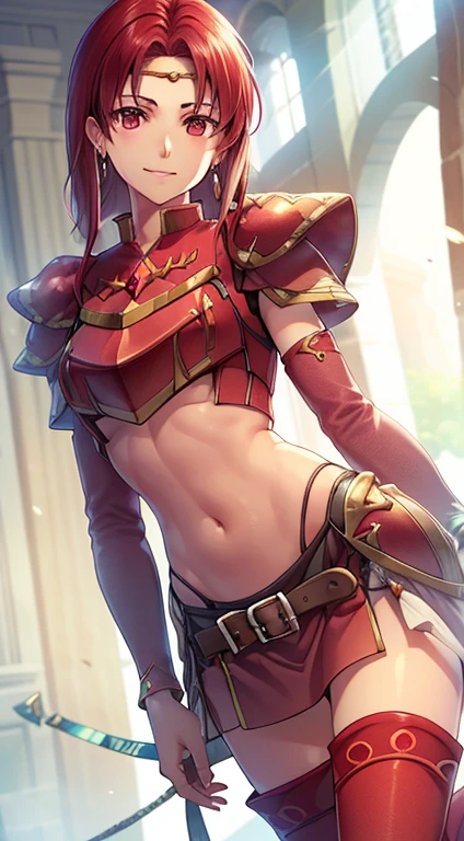 masterpiece, Highest quality,masterpiece, Highest quality, Lady, Circlet, Earrings, armor, Elbow hand pockets,Thigh-high boots, Highest quality, smile, Are standing, Lance, abdomen, abdomen, Long and thin navel,Thighs