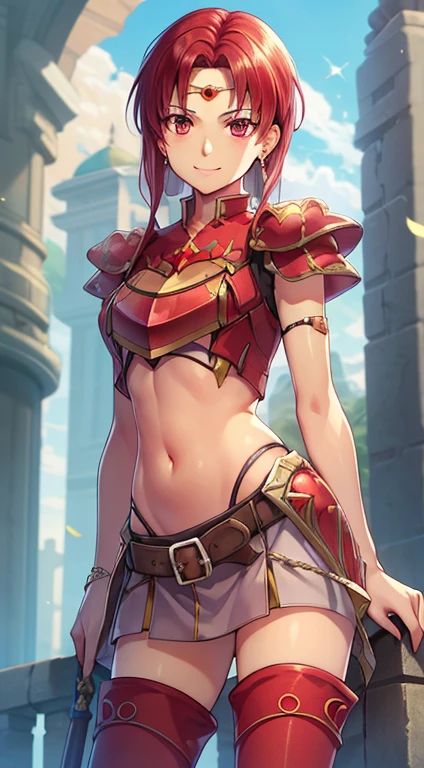 masterpiece, Highest quality,masterpiece, Highest quality, Lady, Circlet, Earrings, armor, Elbow hand pockets,Thigh-high boots, Highest quality, smile, Are standing, Lance, abdomen, abdomen, Long and thin navel,Thighs