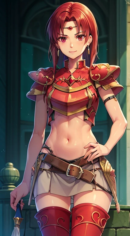 masterpiece, Highest quality,masterpiece, Highest quality, Lady, Circlet, Earrings, armor, Elbow hand pockets,Thigh-high boots, Highest quality, smile, Are standing, Lance, abdomen, abdomen, Long and thin navel,Thighs