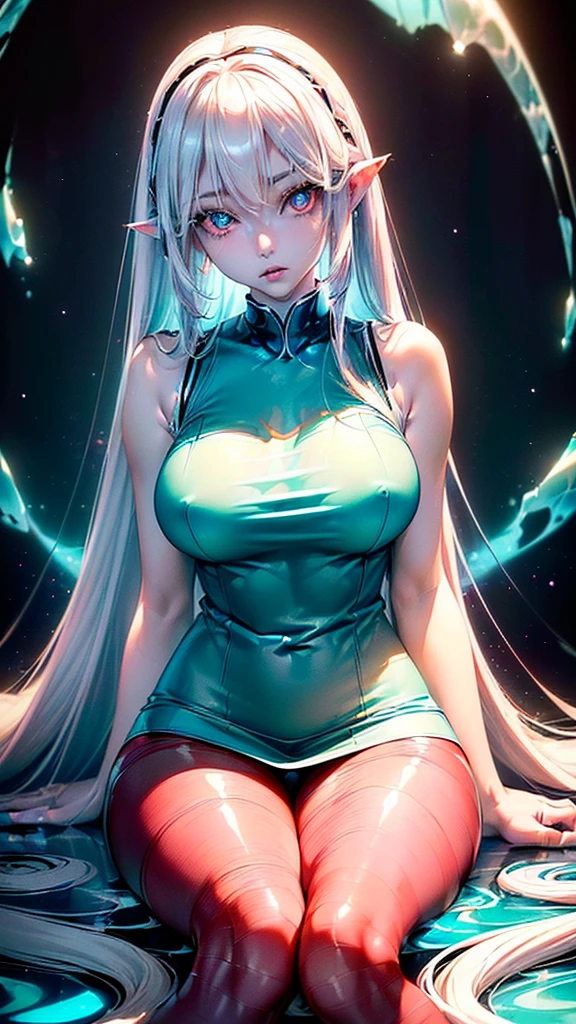 (((Pale Japanese super model))), ((Young)), (((Extremely long White hair))), (((Blue glowing eyes))), ((Dreamy big eyes)), ((Detailed Pupils)), ((Perfect lips)), (((Perfect face))), (Aroused), (((Sleeveless Aqua Pullover))), ((Red Pantyhose)), ((large breasts)), ((Long Legs)), (abs), ((Cinematic lighting)), ((Lights overlay)), ((hyper detailed)), ((Beautiful Detailed)), ((Extremely detailed)), ((Detailed Galaxy)), (((Sitting in Magma)))
