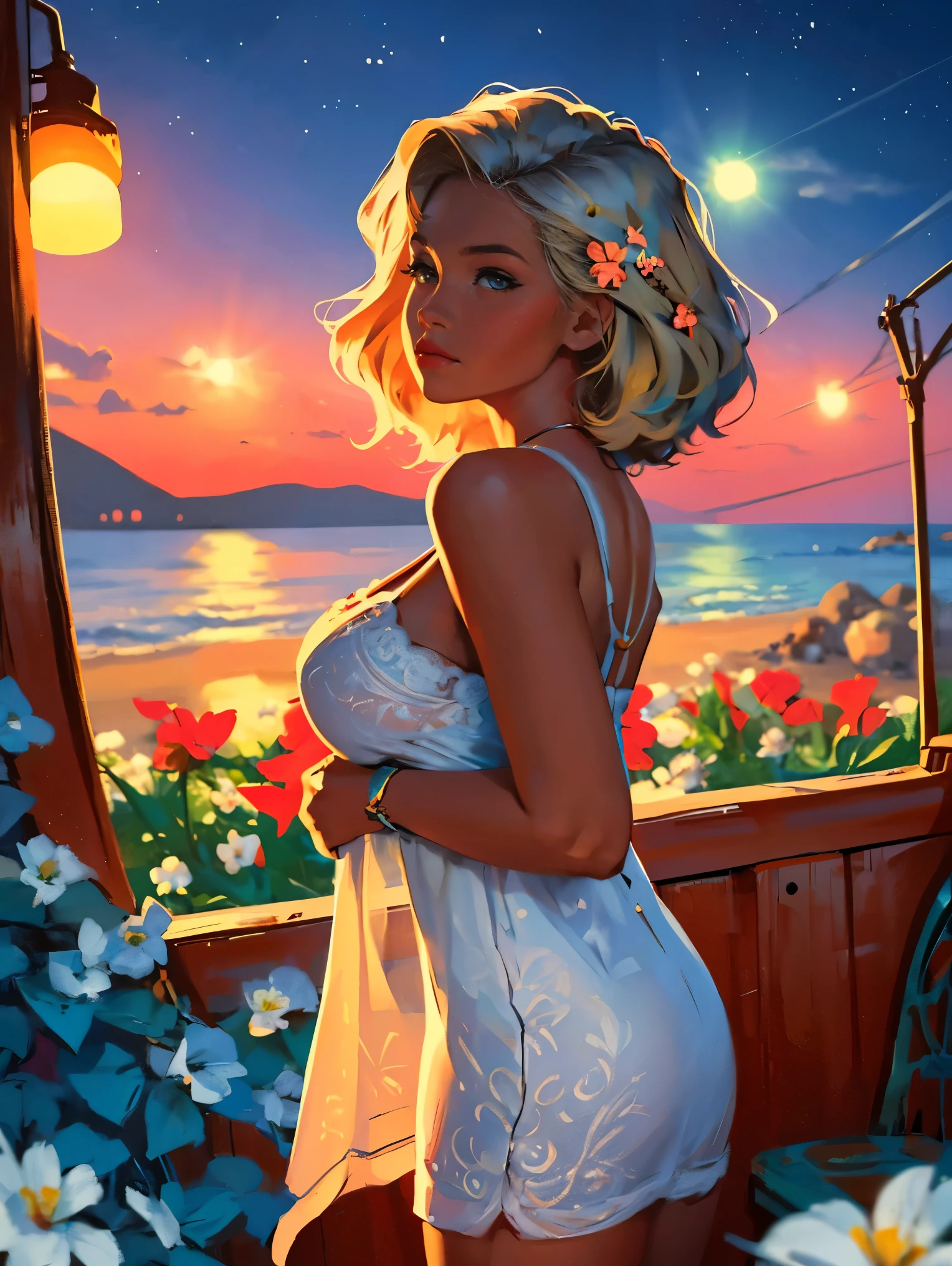 old retro poster, USSR,  Caribbean seaside,((at night)). Neon, photo shoot, 1 ultra hot gorgeous woman. Age 23. Happy. short white wavy hair, expressive breasts, in a white sundress with a pattern of flowers on fabric, fashionista, 80s, hd