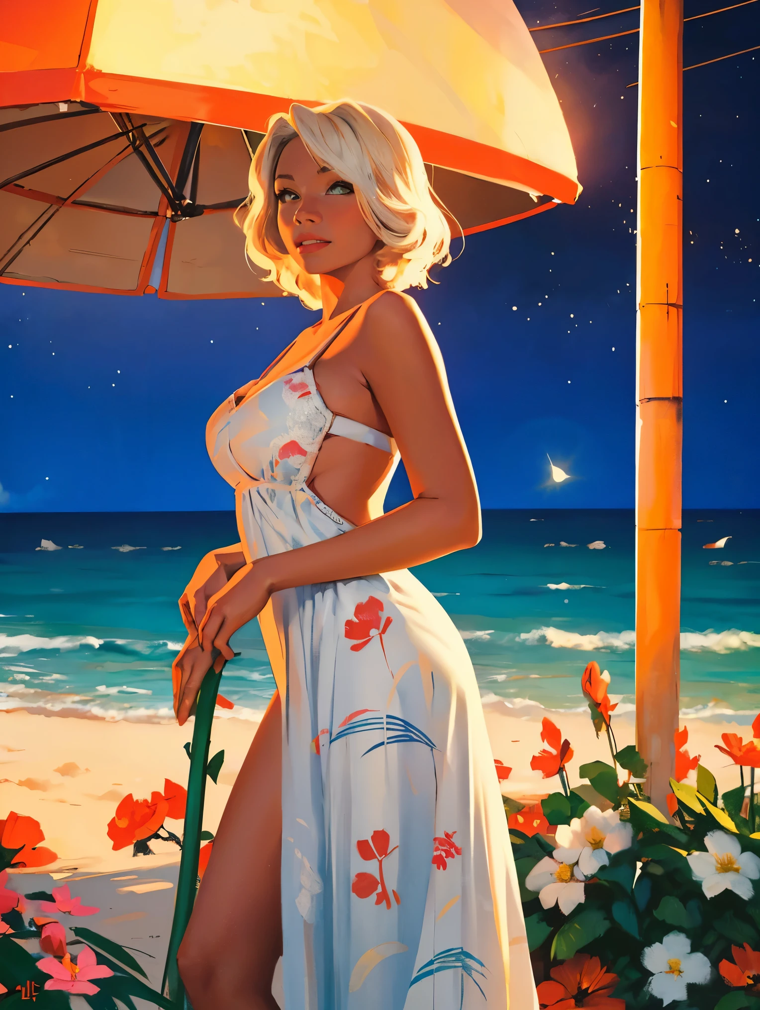 old retro poster, USSR,  Caribbean seaside,((at night)). Neon, photo shoot, 1 ultra hot gorgeous woman. Age 23. Happy. short white wavy hair, expressive breasts, in a white sundress with a pattern of flowers on fabric, fashionista, 80s, hd