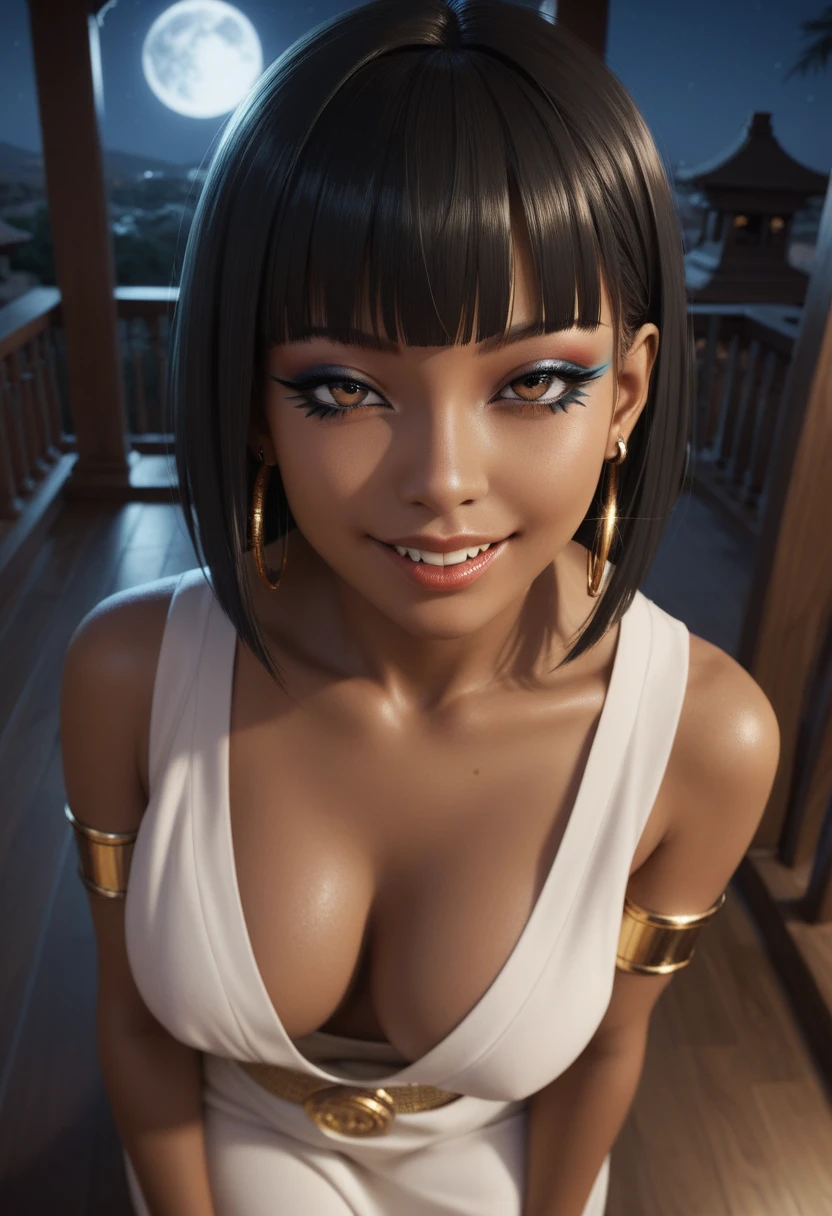 score_9, score_8_up, score_7_up, score_6_up, 1girl, solo, jewelry, rating: safe, brown_eyes, black_hair, lips, makeup, armlet, breasts, egyptian, egyptian_clothes, dark_skin, nose, earrings, gold, lipstick, cleavage, realistic, looking_at_viewer, medium_breasts, piercing, gyaru, blunt_bangs, bangs, bob_cut, long_fangs, (from_above:1.3), downblouse, dark, silk, black_robe, moonlight, temple, night, moon, (naughty_face:1.3), come_hither, seductive_smile
