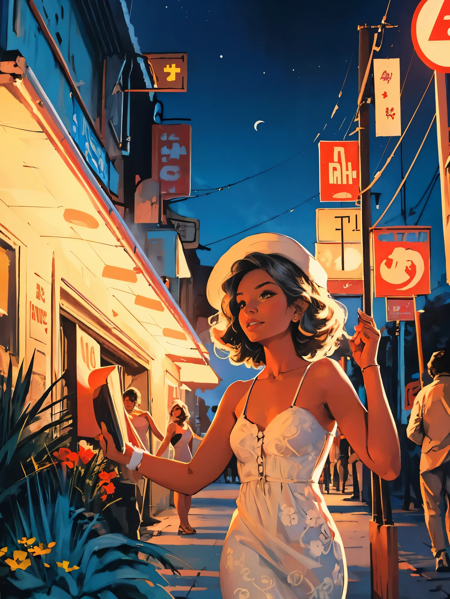 old retro poster, USSR, Caribbean seaside,((at night)). Neon, photo shoot, 1 ultra hot gorgeous woman. Age 23. Happy. short white wavy hair, expressive breasts, in a white sundress with a pattern of flowers on fabric, fashionista, 80s, hd
