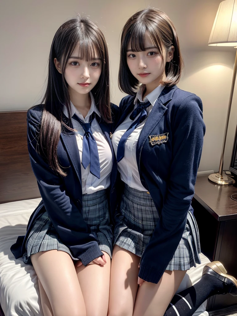 (8K, Raw photography, top-quality, masterpiece:1.2), master piece, best quality, illustration, Super detailed, fine details, High resolution, 8K,wall paper, perfect dynamic composition,(Details High quality, realistic depiction of eyes:1.3), ((2 girls, 2 schoolgirls)), The background is a luxury hotel room、High school girl uniform、blazer 、Super Short Check Uniform Skirt、Navy blue high socks、garterbelts、Colossal tits、Disturbed uniform, Play with each other,Touching each other's bodies,Touching the body of the girl next door, short bob hair, black hair color, huge breasts, Big Natural Color Lip, bold sexy pose, (perfect body shape), crying a little、Beautiful makeup,glitter makeup,Cutest 18 years old, beautiful legs, hposing Gravure Idol, Voluptuous thighs