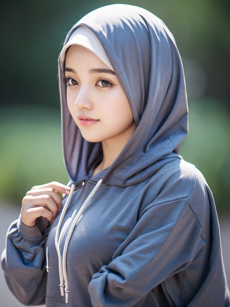 masterpiece, best quality, highres, extremely detailed 8K wallpaper, 1girl, hijab, hoodie, upper body, simple background