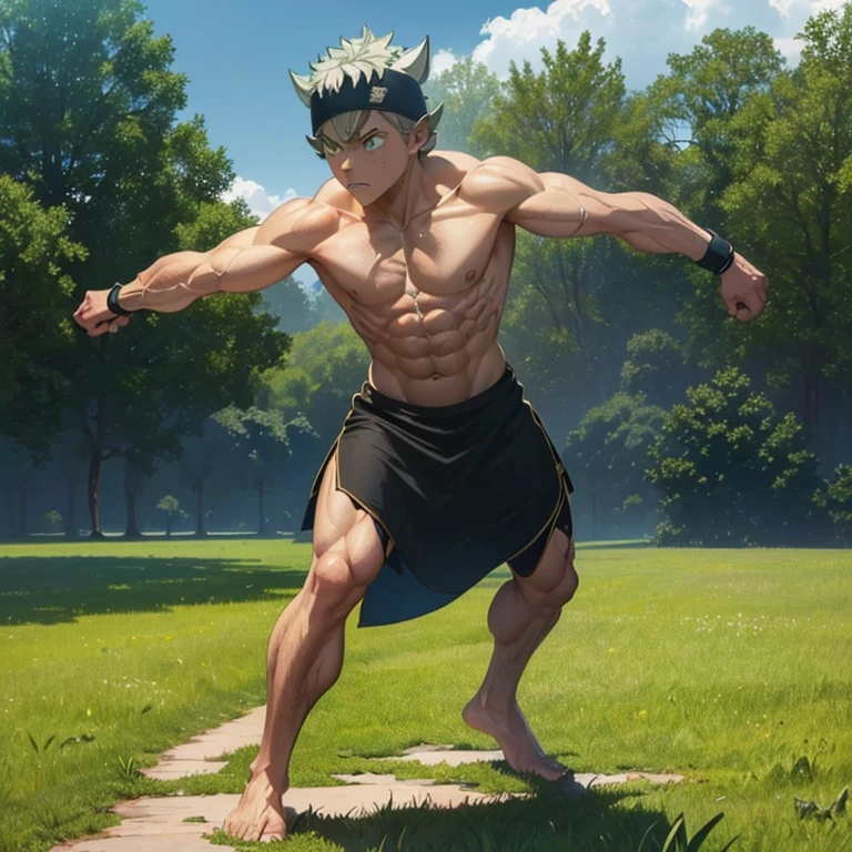 (A detailed drawing by asta, asta is a teenager and , With bare upper body, oiled body, Tearing clothes, the strongest of all, huge muscular body, Big Bizeps, large shoulders, Muscle legs,abs, barefoot , Muskel Training,  Bizeps-Curls, trains his muscular body on a green meadow, Full body image