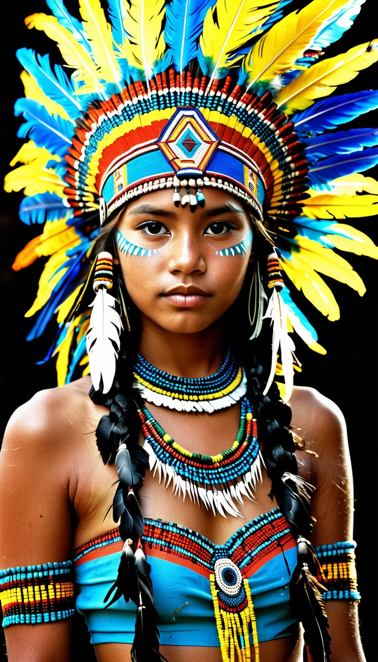 full shot photograph of a girl wearing a native Brazilian headdress a colorized photo by Robert Jacobsen, tumblr, Sumatranism, Amazonian Indian people in Brazil, beautiful costume, Inka harpy girl, tribal style, Native American, tribal face paint, Indigenous, beautiful young wind spirit, girl with feathers, tribal makeup, tribal face paints, traditional beauty, ((full body))