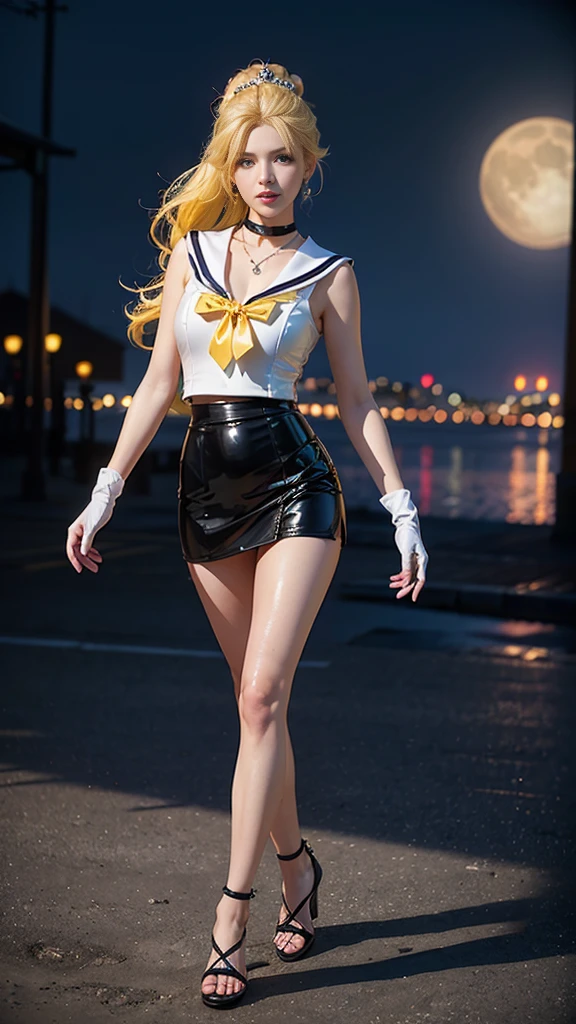 ((masterpiece:1.4)、(Highest quality:1.4)、(Realistic:1.7))、Masterpiece:1.4、(Top-notch rendering:1.4)、beautiful girl、(beautiful girl戦士セーラームーン2:1.7)、moon野うさぎ、(Body Fit Sexy Sailor Warrior Uniform:1.4)、(Shiny latex:1.7)、(The jacket is a white sleeveless sailor suit....:1.4)、(Skirt Blue Sexy Ultra Ultra Pleated Mini Skirt:1.4)、The sailor suit collar has two thin blue lines...............:1.2、High leg swimsuit、Red cloth decoration on chest:1.2、(Wearing white gloves)、Cute Girl、Super Beauty、Sharp Focus、Portrait Photography:1.4、8K、Photorealistic images:1.4、(Perfect female body:1.4)、Perfect proportions、(Full body photography:1.4)、Beautiful Face、Beautiful Eyes、(Narrow waist:1.4)、(9-body proportions beautiful girl:1.4)、(足が長くスタイルの良いbeautiful girl:1.4)、Beautiful feet:1.2、(Yellow Hair:1.4)、(Long Hair:1.2)、(ponytail:1.2)、Beautiful breasts、Large Breasts:1.2、sexy ass、Raw photo、Red lips、Red high heels:1.4、choker:1.4、necklace:1.4、Earrings:1.4、Gorgeous golden tiara:1.4、1 Screen Display:1.4、moon、universe、universe船、universeステーション、City of the Future
