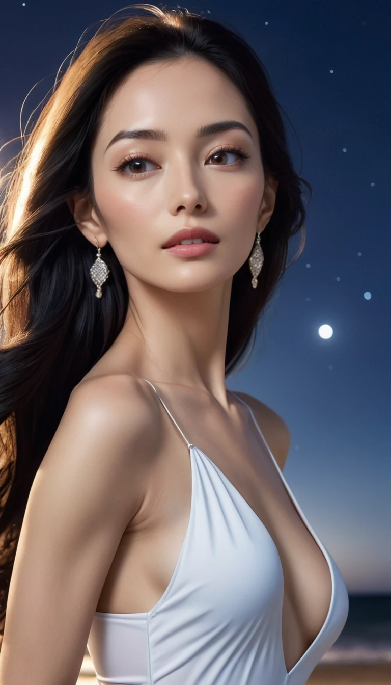 8k, masterpiece, RAW Photos, Highest quality, Realistic, Very detailed, Depth of written boundary, Cinematic Light, Anatomically correct body,
(An elegant and beautiful mature woman:1.2),
Wavy black long hair, Very beautiful face, Exquisitely detailed face, Goddess-like deity々Beautiful, Glamorous Body, Very sensitive skin, Transparent white skin, Sexy ass, Sexy thighs,
Leotard Swimsuit, Detailed cloth texture, Gorgeous necklace, Gorgeous earrings,
Starry sky background, Dark sandy beach at night, Pitch black sea surface,
Cowboy Shot,