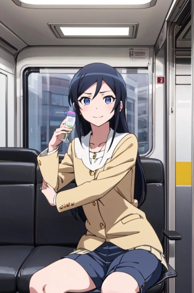 alone, One Girl, Show Viewer, 2D, anime, anime coloring, Upper Body,  sit in a train seat, (Bend your knees, Panty shot), Camel Toe, ayase aragaki, , Seraph, smile，Spread your legs， (((Skirt flip, I can see your pants)))，，(((Skirt flip, I can see your pants)))， Pussy juice, Pussy juice， 