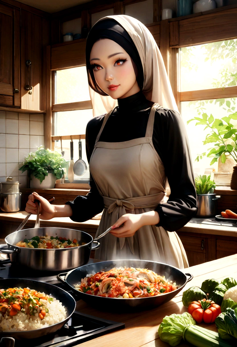 a lovely malaysian woman, hijab, nice airy dress, cooking crab rice and vegetables, kitchen interior, warm lighting, high quality, photorealistic, detailed, sharp focus, 8k, masterpiece, cinematic lighting, natural light, vibrant colors, appetizing food, serene atmosphere, delicate movements, cozy kitchen, wooden cabinets, tiled floor, sunlight streaming in, steam rising from pots, aromas filling the air, graceful gestures, concentration on her face, soft smile, elegant posture, beautiful detailed eyes, beautiful detailed lips, extremely detailed face, long eyelashes