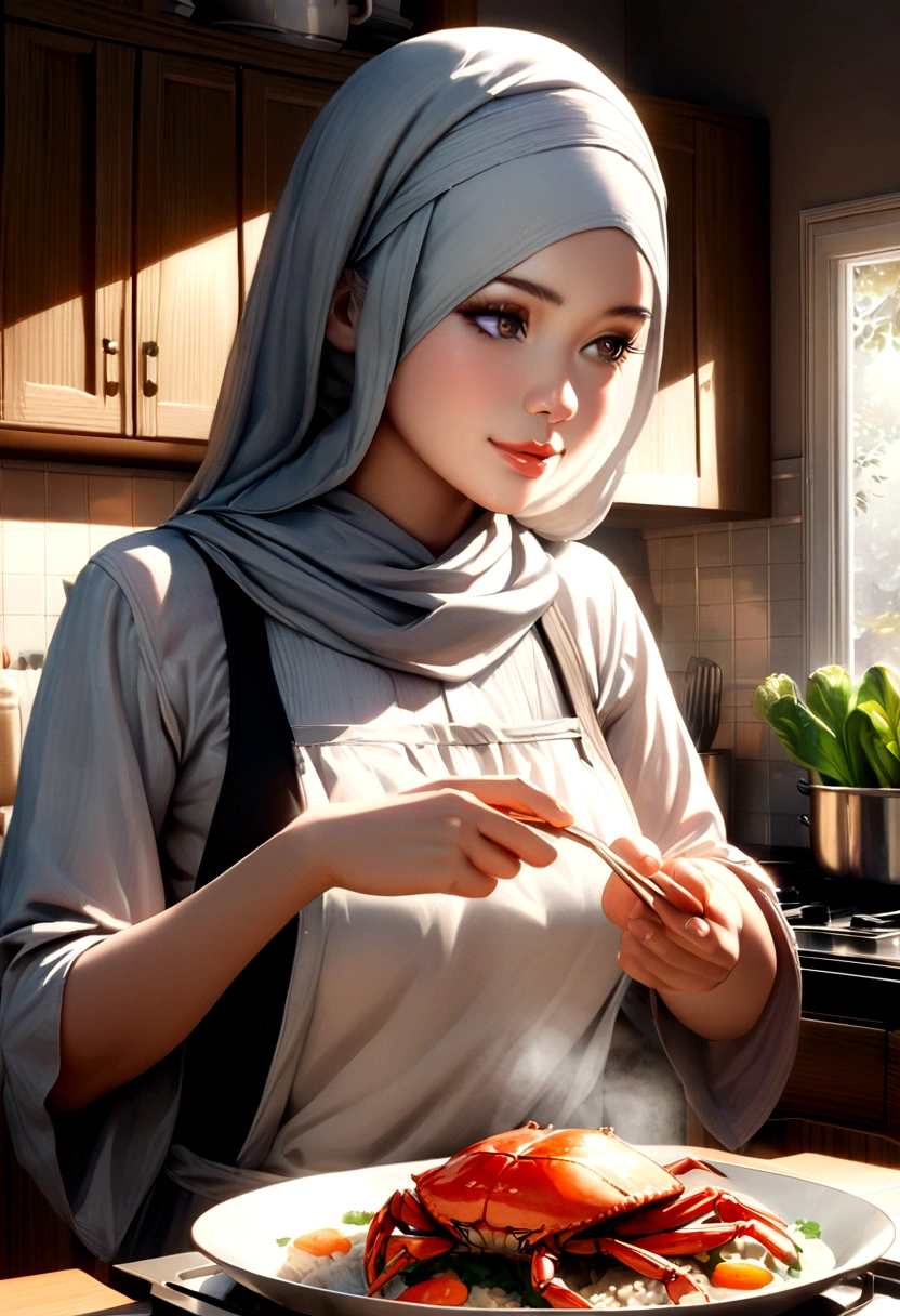 a lovely malaysian woman, hijab, nice airy dress, cooking crab rice and vegetables, kitchen interior, warm lighting, high quality, photorealistic, detailed, sharp focus, 8k, masterpiece, cinematic lighting, natural light, vibrant colors, appetizing food, serene atmosphere, delicate movements, cozy kitchen, wooden cabinets, tiled floor, sunlight streaming in, steam rising from pots, aromas filling the air, graceful gestures, concentration on her face, soft smile, elegant posture, beautiful detailed eyes, beautiful detailed lips, extremely detailed face, long eyelashes