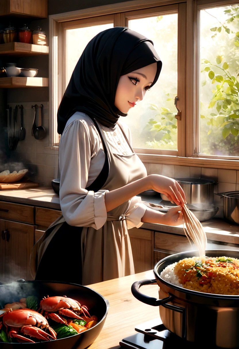 a lovely malaysian woman, hijab, nice airy dress, cooking crab rice and vegetables, kitchen interior, warm lighting, high quality, photorealistic, detailed, sharp focus, 8k, masterpiece, cinematic lighting, natural light, vibrant colors, appetizing food, serene atmosphere, delicate movements, cozy kitchen, wooden cabinets, tiled floor, sunlight streaming in, steam rising from pots, aromas filling the air, graceful gestures, concentration on her face, soft smile, elegant posture, beautiful detailed eyes, beautiful detailed lips, extremely detailed face, long eyelashes