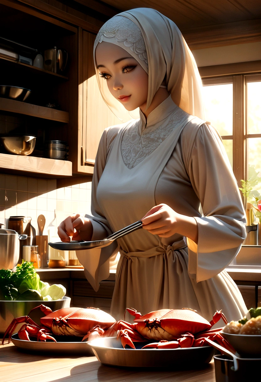 a lovely malaysian woman, hijab, nice airy dress, cooking crab rice and vegetables, kitchen interior, warm lighting, high quality, photorealistic, detailed, sharp focus, 8k, masterpiece, cinematic lighting, natural light, vibrant colors, appetizing food, serene atmosphere, delicate movements, cozy kitchen, wooden cabinets, tiled floor, sunlight streaming in, steam rising from pots, aromas filling the air, graceful gestures, concentration on her face, soft smile, elegant posture, beautiful detailed eyes, beautiful detailed lips, extremely detailed face, long eyelashes