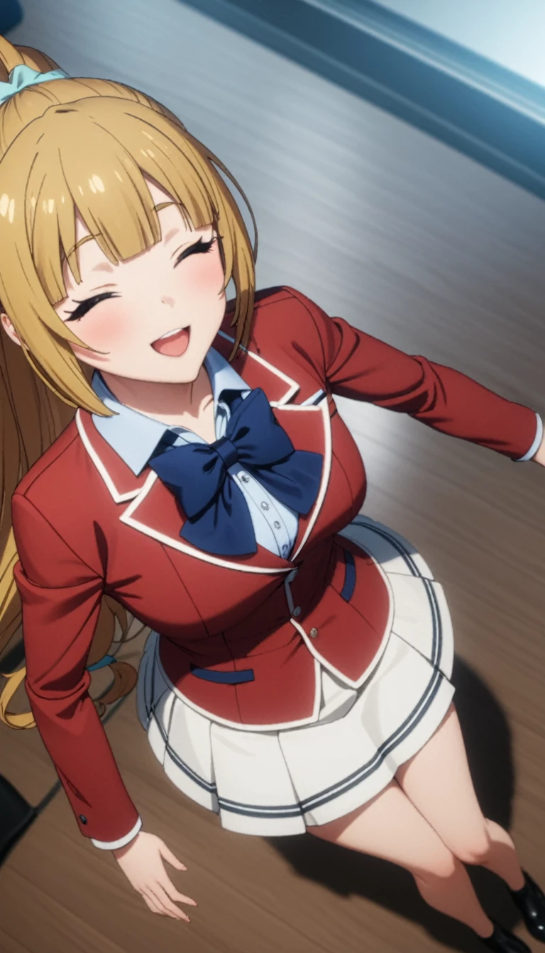 masterpiece, best quality, highres, ponytail hair, (single braid:1.2), hair ribbon, red blazer,buttoned blazer, blue bowtie, long sleeves, white skirt, singing in music room,smile,from above