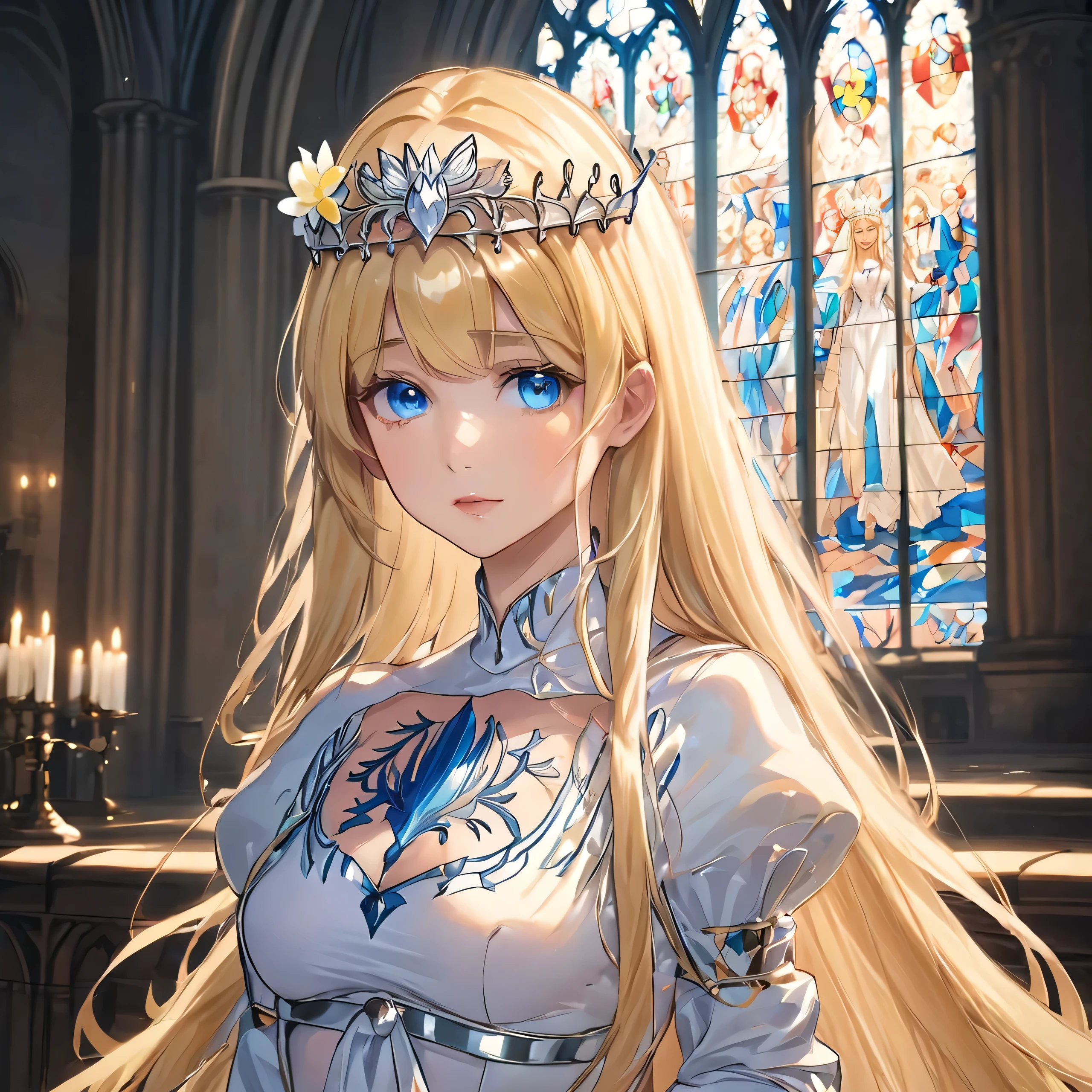 ultra-detailed,(best quality),((masterpiece)),(highres), original,,, zoom layer, looking at the viewer,holding the flower, upper body, ,1girl, solo, Calca, Calca Bessarez, blonde hair, (extremely long hair:1.3), very long hair, white tiara, white dress, blue eyes, medium chest, extremely long hair, medium breast, indoor, stained glass, in the cathedral, perfect light