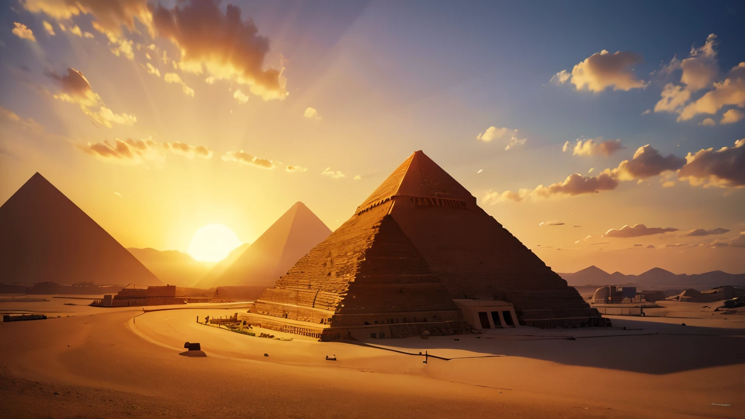 High quality image of an Egyptian pyramid, with lots of sun in the background