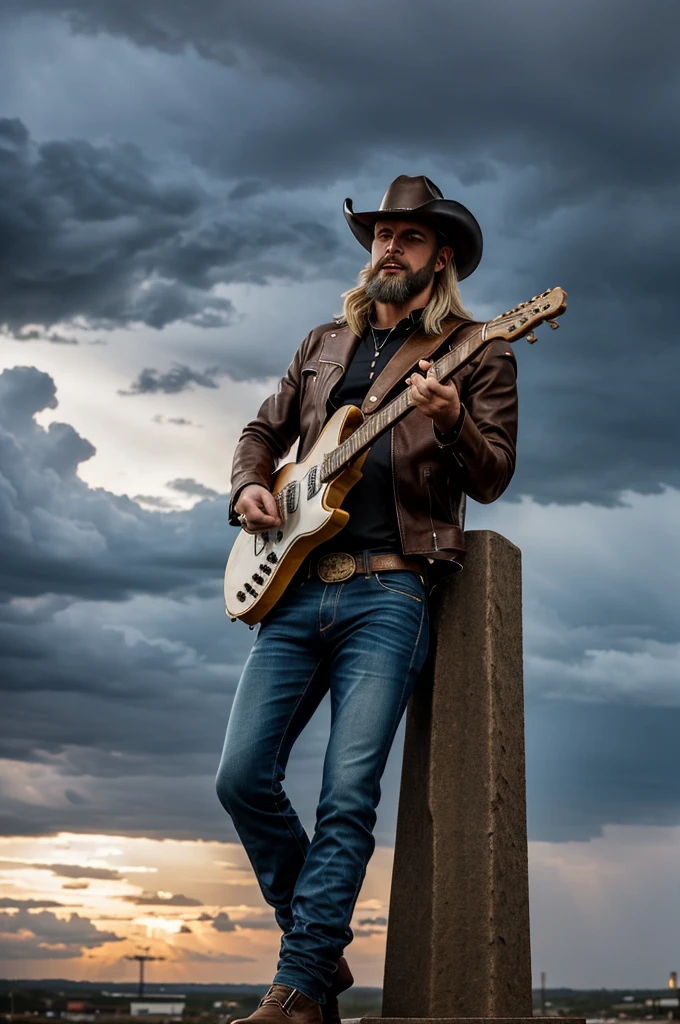 Man with leather cowboy hat and blonde beard, with a leather jacket and jeans playing the electric guitar on top of a monolith. In the sky there is thunder and it is raining. And an F-39 badge