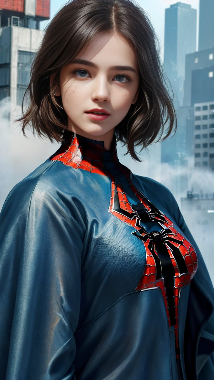 (1girl:1.3), Solo, (((Very detailed face)))), ((Very detailed eyes and face)))), Beautiful detail eyes, Body parts__, Official art, Unified 8k wallpaper, Super detailed, beautiful and beautiful, beautiful, masterpiece, best quality, original, masterpiece, super fine photo, best quality, super high resolution, realistic realism, sunlight, full body portrait, amazing beauty, dynamic pose, delicate face, vibrant eyes, (from the front), She wears Spider-Man suit, red and black color scheme, very detailed city roof background, rooftop, overlooking the city, detailed face, detailed complex busy background, gorgeous, milky white, highly detailed skin, realistic skin details, visible pores, clear focus, volumetric fog, 8k uhd, DSLR, high quality, film grain, fair skin, photo realism, lomography, futuristic dystopian megalopolis, translucent