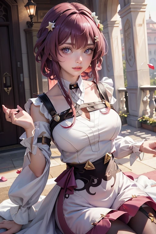 Kafka_(honkai: star rail), medium hair, flowing hair, floating hair, ornament hair, perfectly body, perfectly hands, dark pink rose on hair, maid, maid dress, maid headdress, maid apron, white apron, white apron, white headdress, on street, petals in the air, blossom peach tree, centered girl, Chinese style, white maid dress, white dress, more details on her clothes, dark pink dress with transparency, golden details, daylight, smiling, ((4k, masterpiece, top-quality)),8k, best quality, high resolution, HD, (illustration:0.8), super cute girl, delicate and beautiful face, 1girl, solo, mature girl, super cute hairstyle, (beautiful detailed eyes:1.6), extremely detailed face, perfect lighting, extremely detailed CG, (perfect hands, perfect anatomy), Best quality, cleavage, small skirt, full Body,