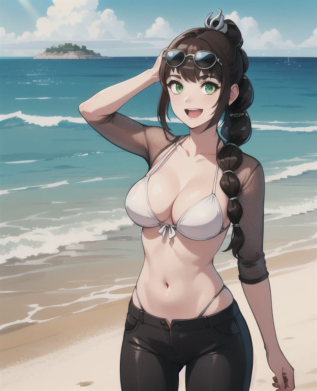 (masterpiece, best quality), 1girl, shadowheart, black hair, braided ponytail, green eyes, circlet, black pants, closeup, sketch, looking at viewer, ((green eyes)),(fantasy village on background), 1girl,solo,swimsuit,bikini,sunglasses,eyewear on head,white bikini,side-tie bikini,smile,breasts,open mouth,medium breasts,cleavage,brown hair,long hair,navel,cowboy shot,horizon,ocean,outdoors,sand,cloud,beach,sky,day,blue sky,water,