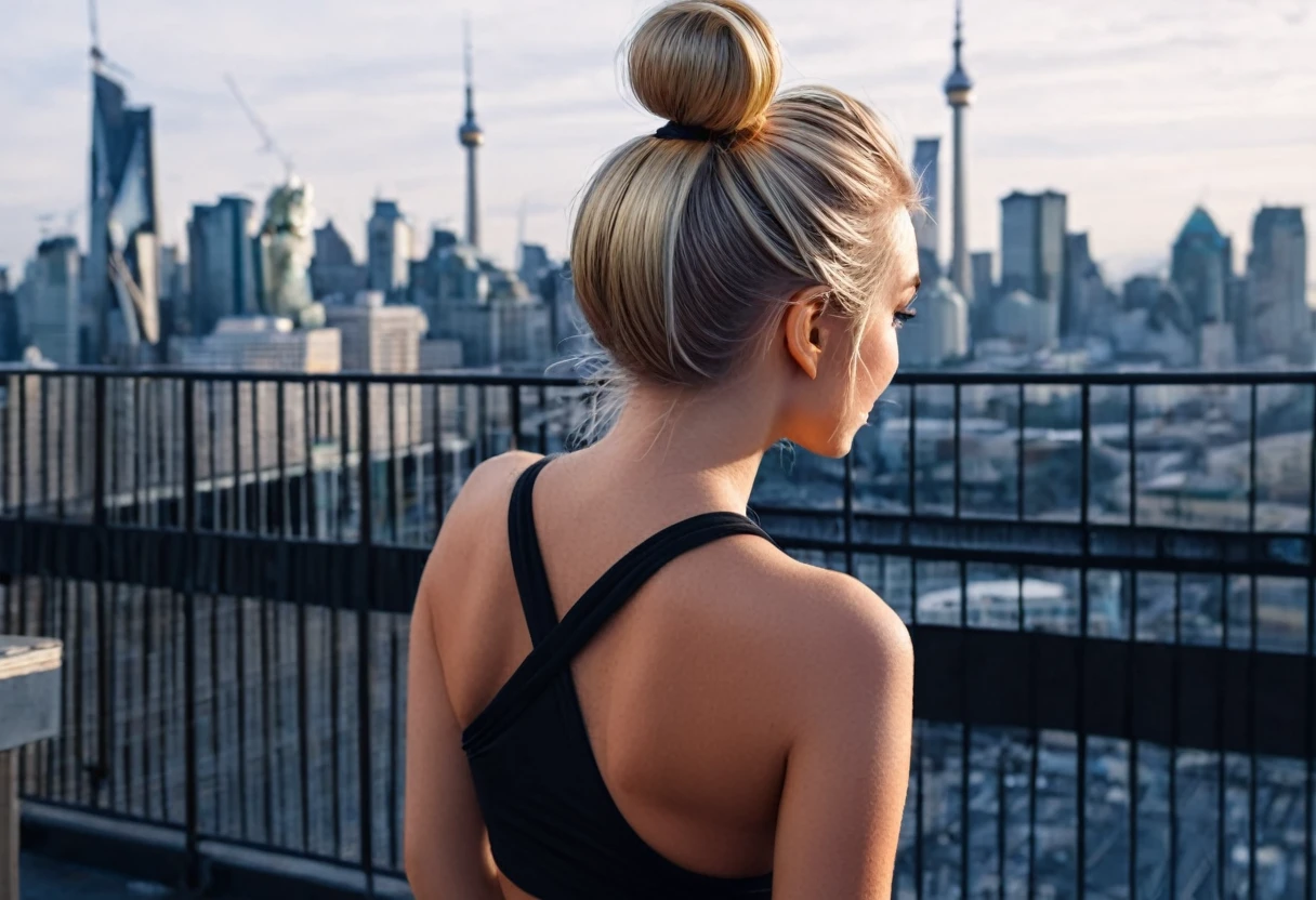 an eye contact of a blond with bun hair and dark theme , cute pose , morning city view