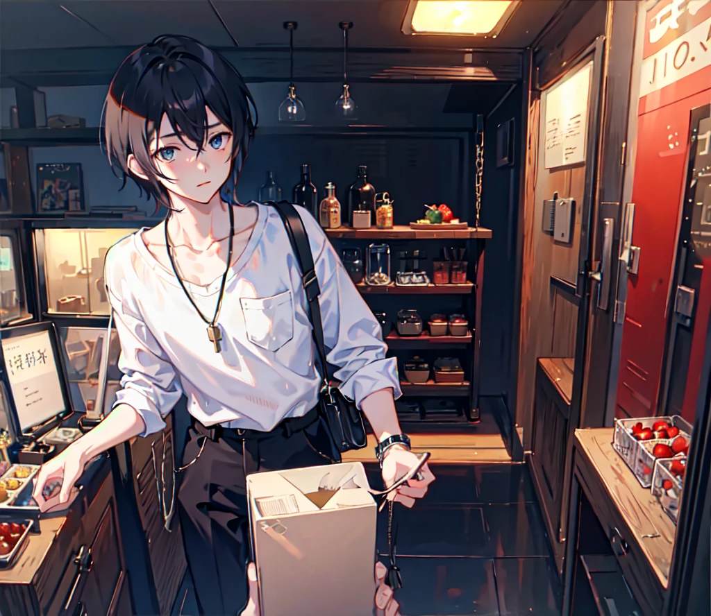 1boy, apple, bag, bangs, berry, black hair, black shirt, blue eyes, hair between eyes, jewelry, leaf, looking at viewer, male focus, necklace, pants, shirt, solo, watch, white pants, wristwatch, messy hair, trending on artstation, 8k resolution, highly detailed, anatomically correct, sharp image, digital painting, concept art, trending on pixiv, style of makoto shinkai,