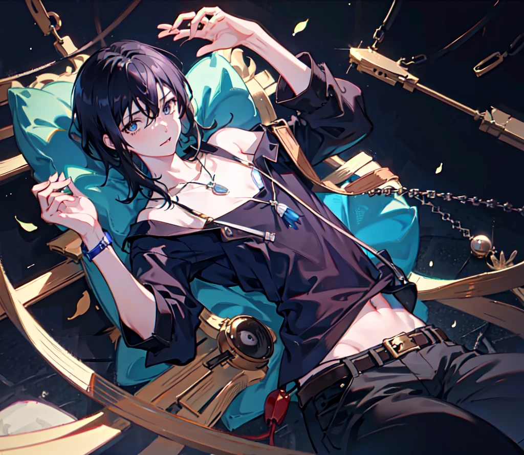 1boy, apple, bag, bangs, berry, black hair, black shirt, blue eyes, hair between eyes, jewelry, leaf, looking at viewer, male focus, necklace, pants, shirt, solo, watch, white pants, wristwatch, messy hair, trending on artstation, 8k resolution, highly detailed, anatomically correct, sharp image, digital painting, concept art, trending on pixiv, style of makoto shinkai,