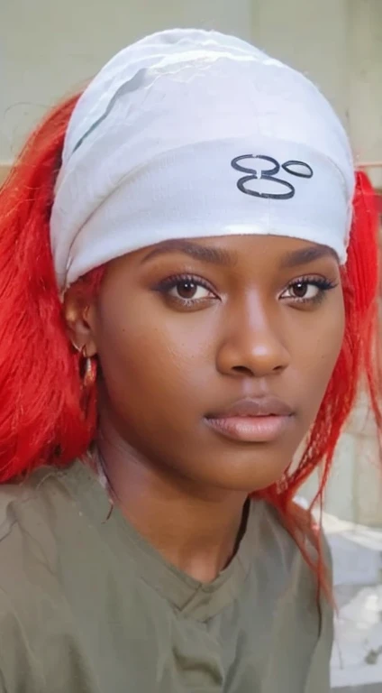 Young woman, dark skin with long red hair and amber eyes, wide nose, thick lips, green clothing, sword, Karui