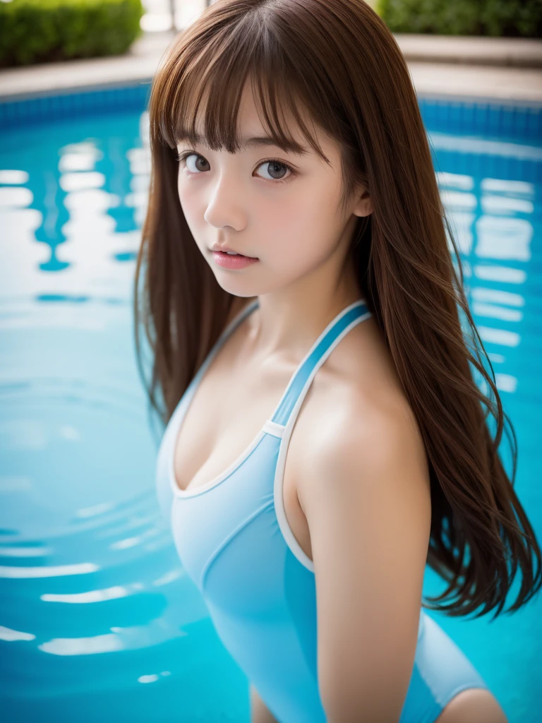 Dreamy atmosphere, High Contrast, Ultra Sharp, Studio shot、Upper body portrait、Angle from below、(cyaan school swimsuit :1.2), (small breasts), Focus on the chest、Slim Body Enhancement、Realistic、Realistic、Highly detailed cute girl、alone、18-year-old、Japanese、Melancholic expression, Brown Hair、Medium long cut hair, Pool for background、Out of focus、Blur、