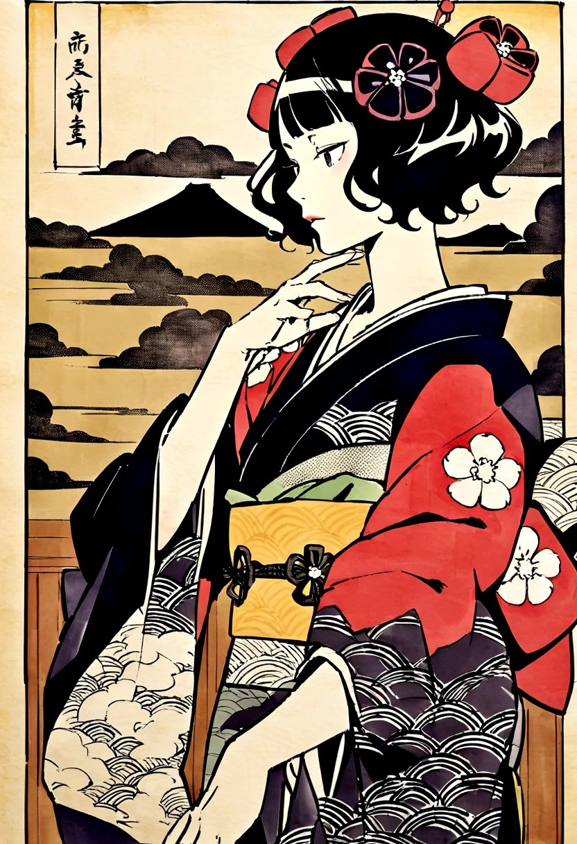 Katsushika Hokusai, ink painting, peonies, flower tattoo on shoulder, short hair, delicate and precise, thunder god, modern Ukiyo-e style,