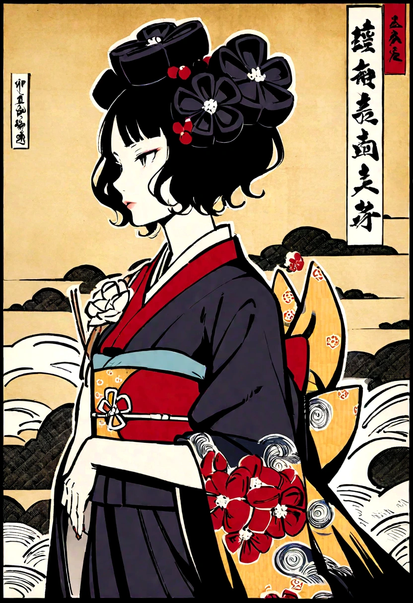 Katsushika Hokusai, ink painting, peonies, flower tattoo on shoulder, short hair, delicate and precise, thunder god, modern Ukiyo-e style,